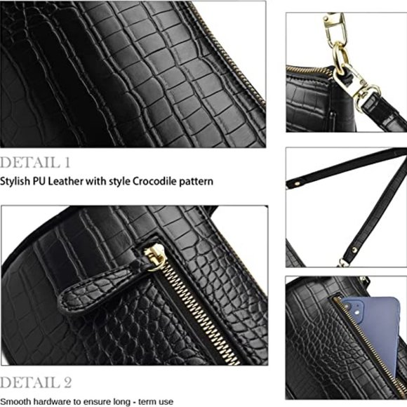 Retro Classic Black Leather Crocodile Style Crossbody Bag Purse Handbag - Picture 5 of 5